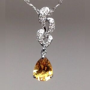 14K White Gold Pear Shape Citrine and White Sapphire Pendant with Chain November